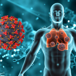 3D render of a medical background with male figure and lungs and Covid 19 virus cells