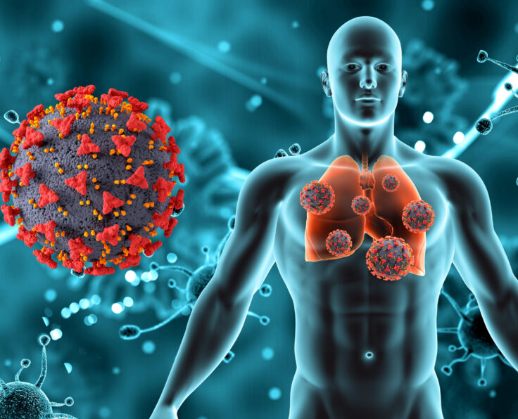 3D render of a medical background with male figure and lungs and Covid 19 virus cells